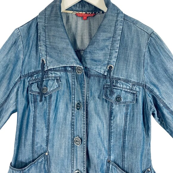 utility denim blue jean style jacket in Tencel  3/4 sleeve size 11 San Francisco - Picture 6 of 16